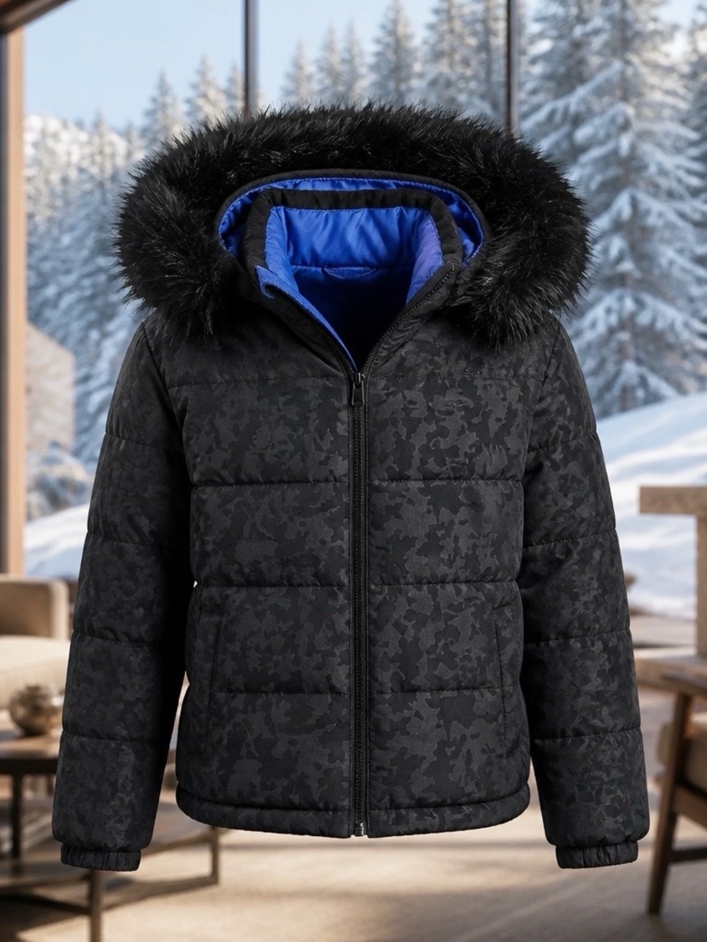 Gap Outdoor Edition Puffer Jacket with Faux Fur Hood  Navy blue with medium line